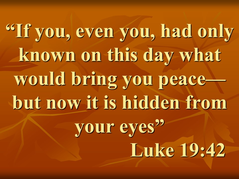 Prophecy of Jesus. If you, even you, had only known on this day what would bring you peace—but now it is hidden from your eyes. Luke 19,42.jpg