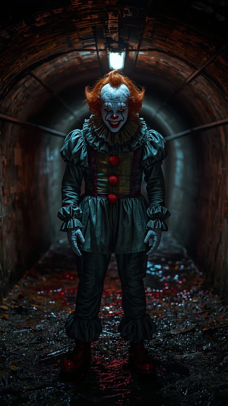 lucid-realism_Creepy_Pennywise_clown_standing_alone_in_a_dimly_lit_sewer_tunnel_with_vibrant_d-0.jpg