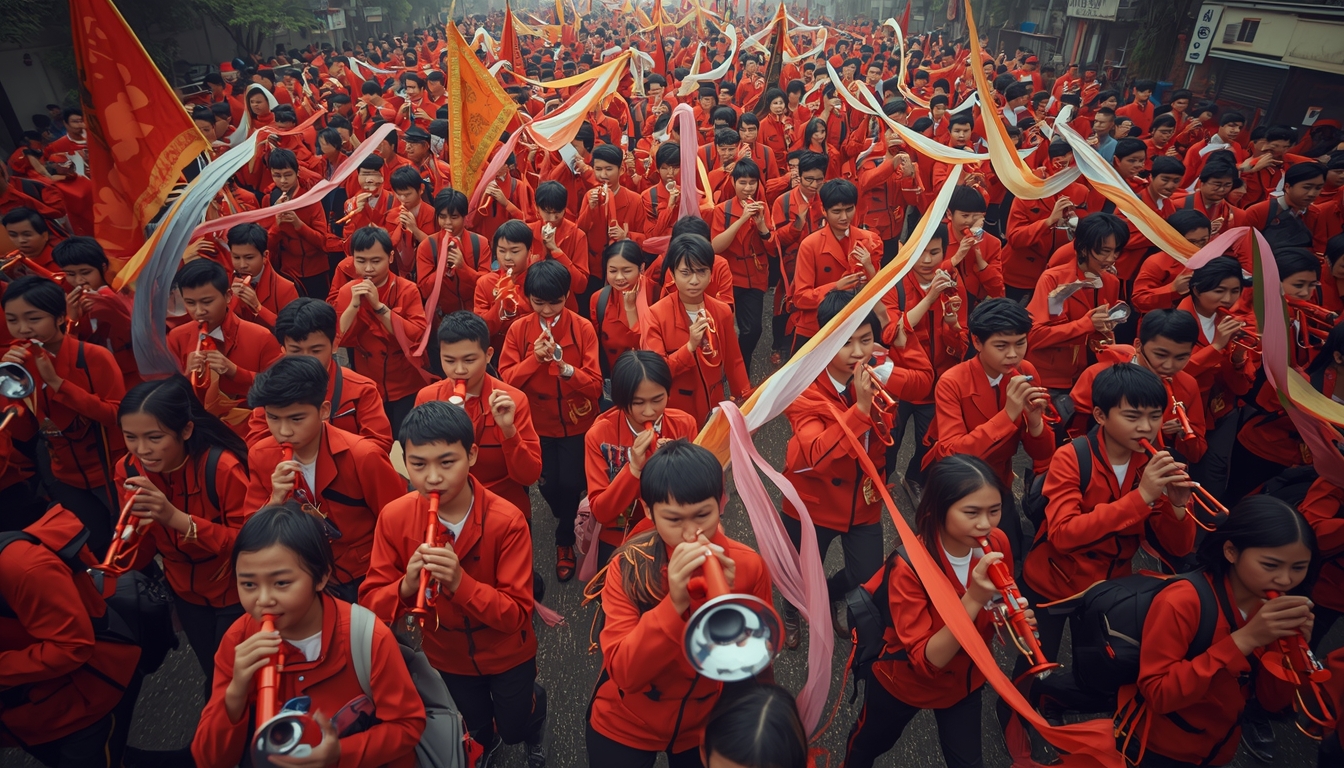 lucid-origin_A_large_crowd_of_people_marching_in_a_festive_parade_blowing_small_trumpets_and_-0.jpg