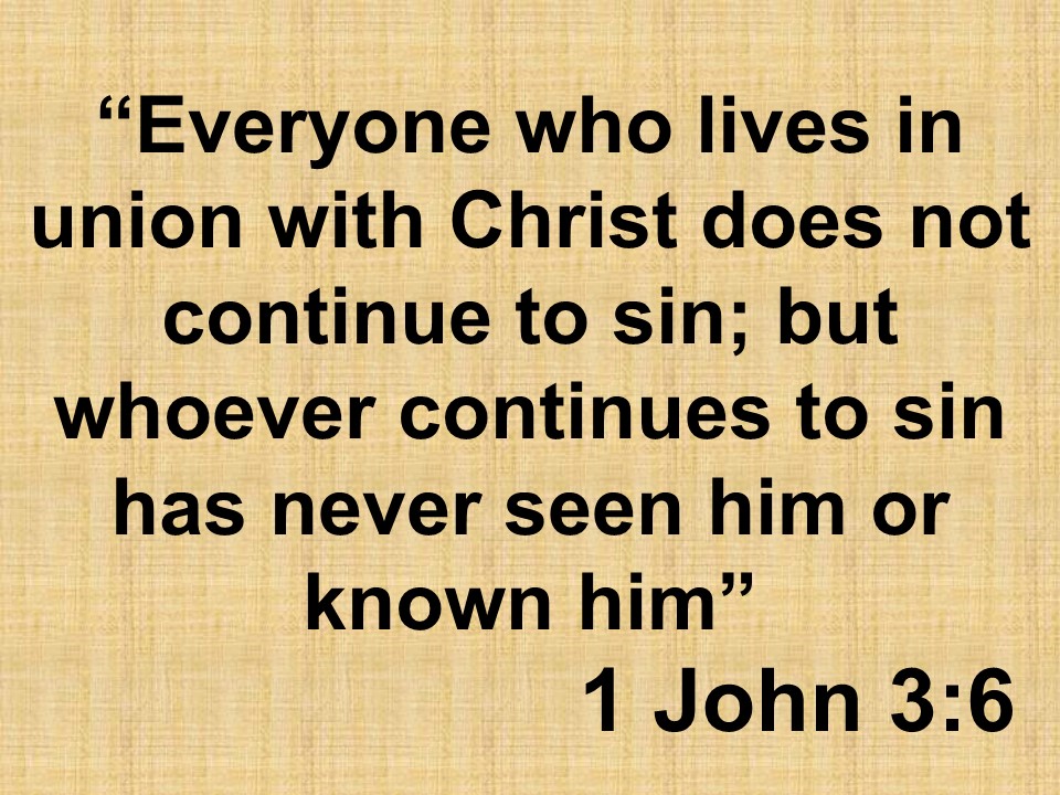 The love of God. Everyone who lives in union with Christ does not continue to sin; but whoever continues to sin has never seen him or known him. 1 John 3,6.jpg
