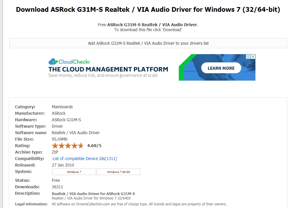 Download ASRock G31M-S Realtek / VIA Audio Driver For Windows 7.