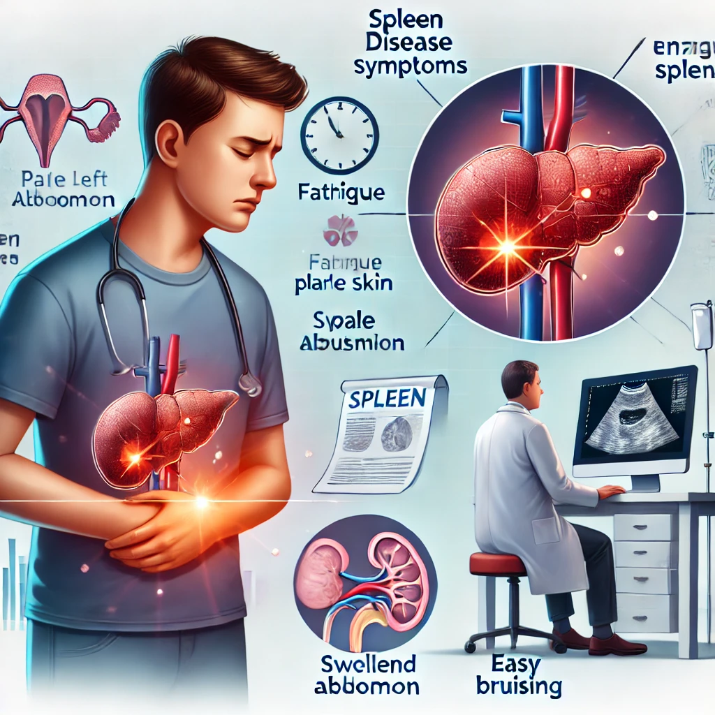 DALL·E 2025-03-17 08.23.42 - A medical illustration showing a patient experiencing spleen disease symptoms. The patient is holding their upper left abdomen in discomfort, indicati.webp