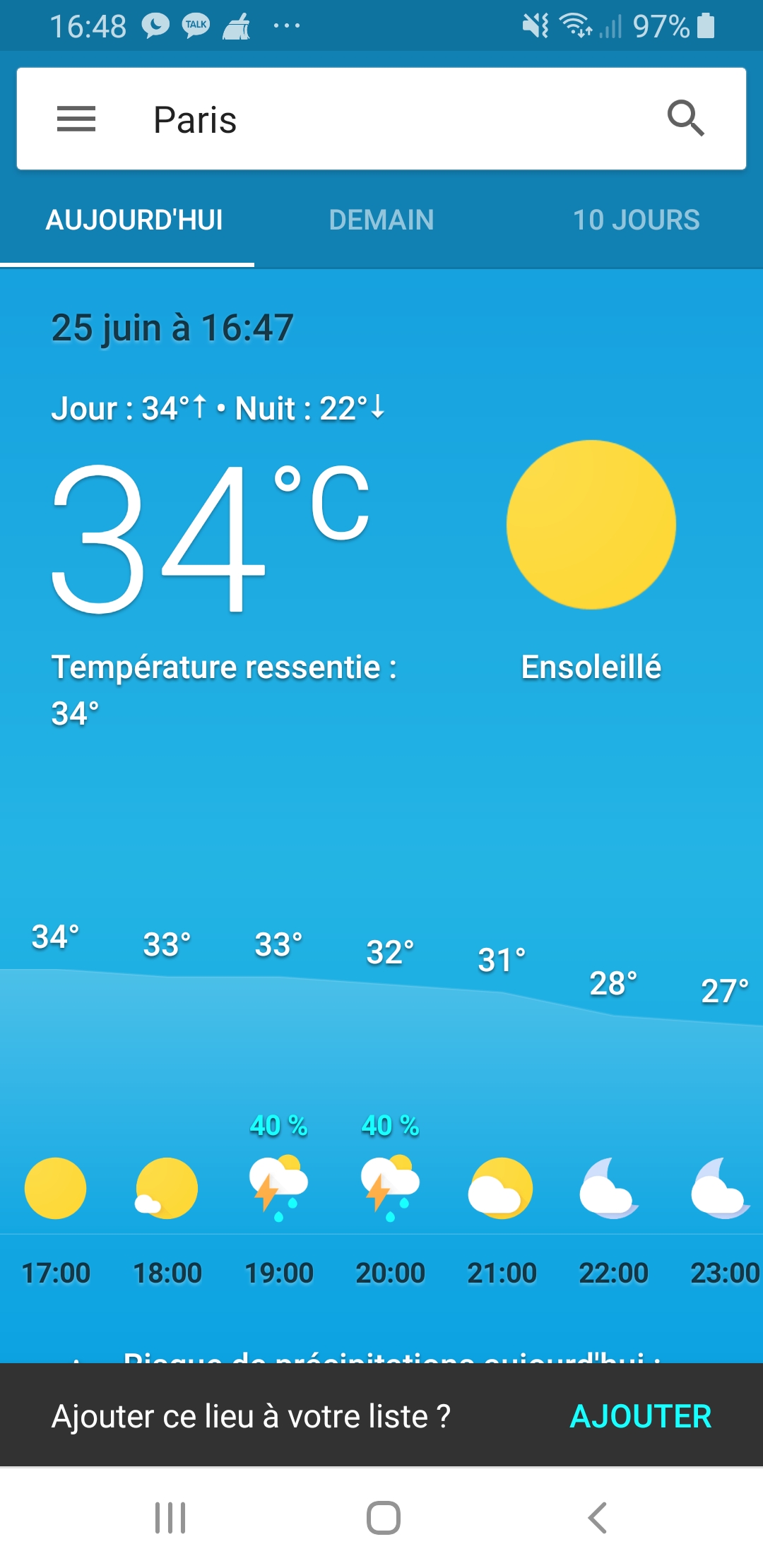 6월25일 16시47분 현재 파리 기온 34도 입니다.