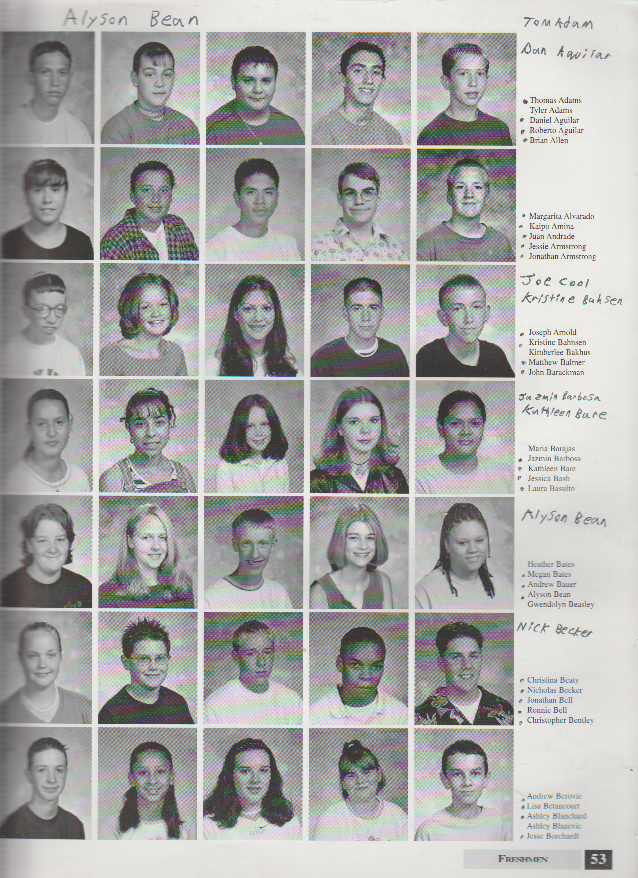 2000-2001 FGHS Yearbook Page 53 Joey Arnold, Thomas Tom Adams, Dan Aguilar, Kathleen Bare, Nick Becker, Jazmin Barbosa, Ronnie Bell, Christina Beaty, Kristine Bahsen, Alyson Bean.png