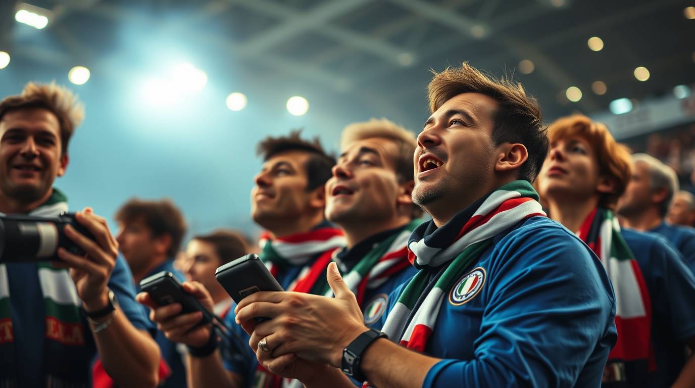 An unusual, original, fine-art, professional photograph captures a group of Italian fans, in blue shirts and scarves, listening to radio match results in a stadium, exuding relief with intense, dramatic, soft, warm.jpg