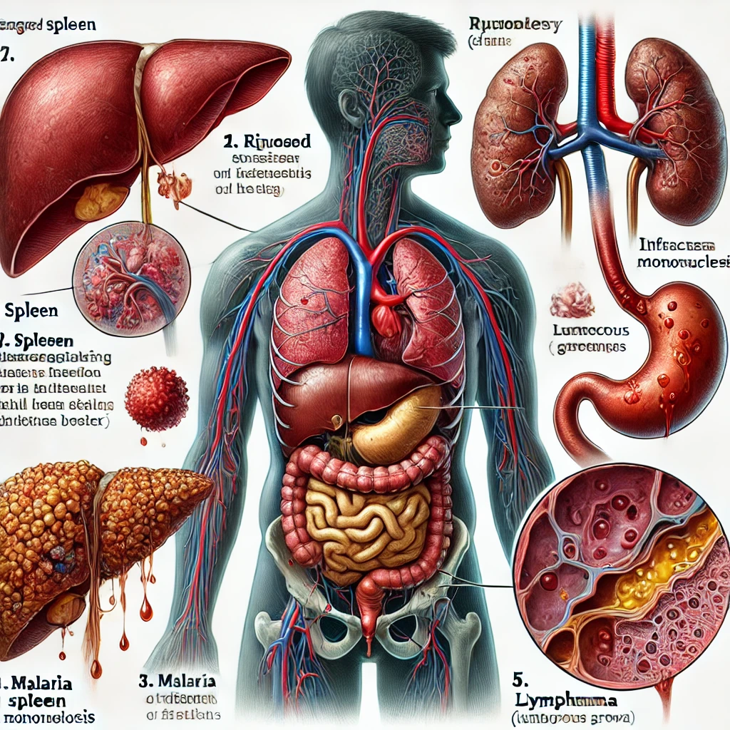 DALL·E 2025-03-17 09.34.14 - A medical illustration showcasing different spleen diseases. The image includes__1. An enlarged spleen (Splenomegaly) with visible swelling._2. A rupt.webp