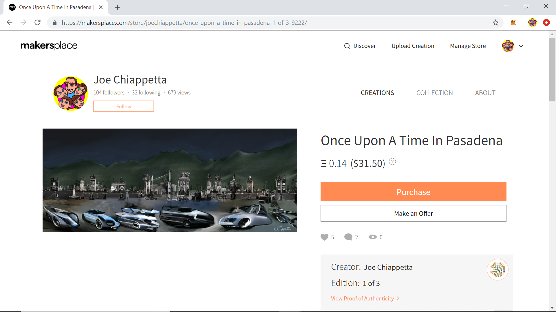 MakersPlace cryptoart store for artist Joe Chiappetta