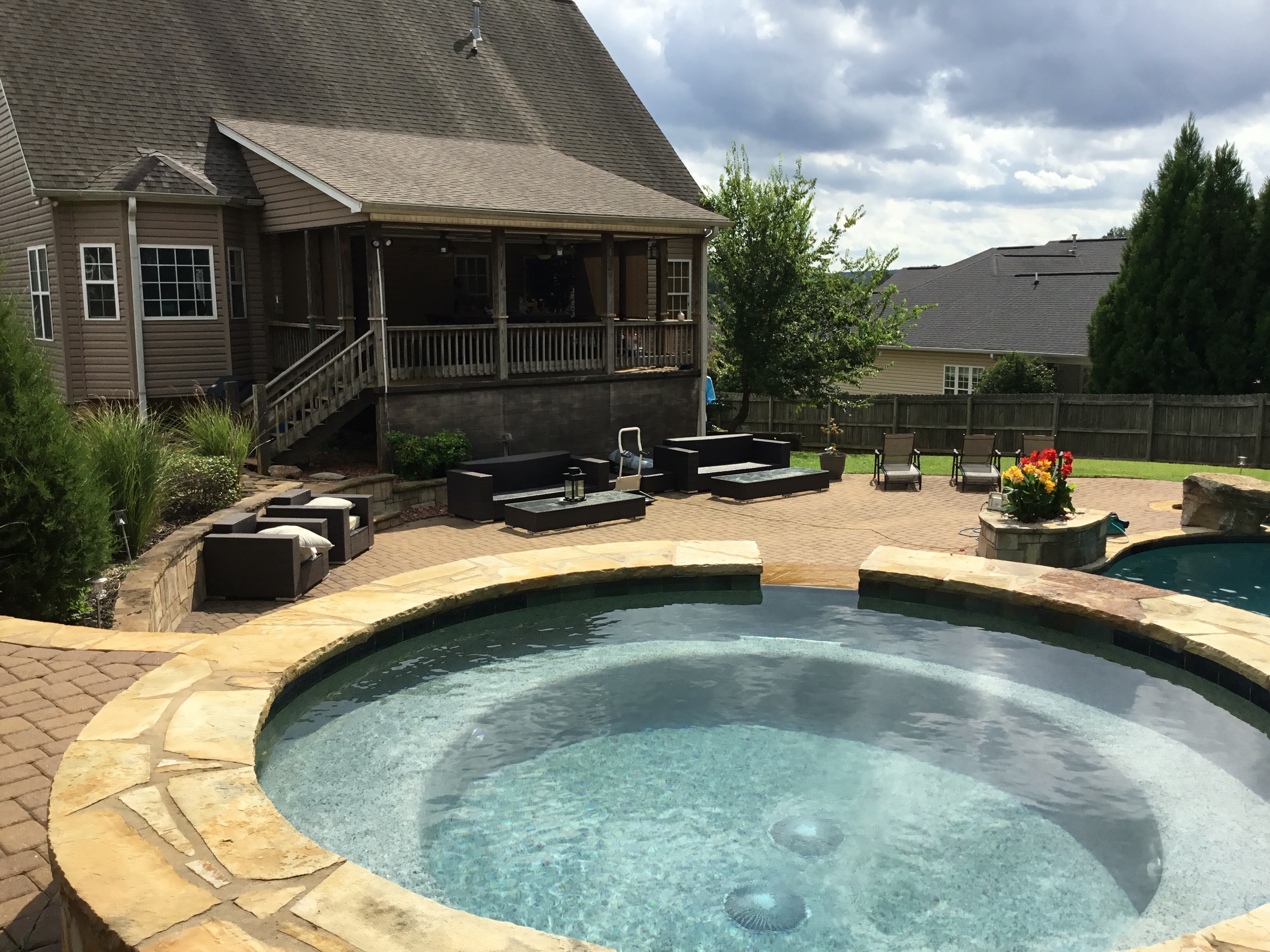 CC619A86-634C-4465-9D84-320CBAA8F054.jpeg)
To me the trimming and cleanup of the yard was a large task but seeing the facing of the hot tub and other parts of the pool brought me to tears! How can someone live like this? How can someone have no respect for the beauty? After months of labor, draining, pressure washing, and repairing rock work she is well on her way back to her previous glory.![