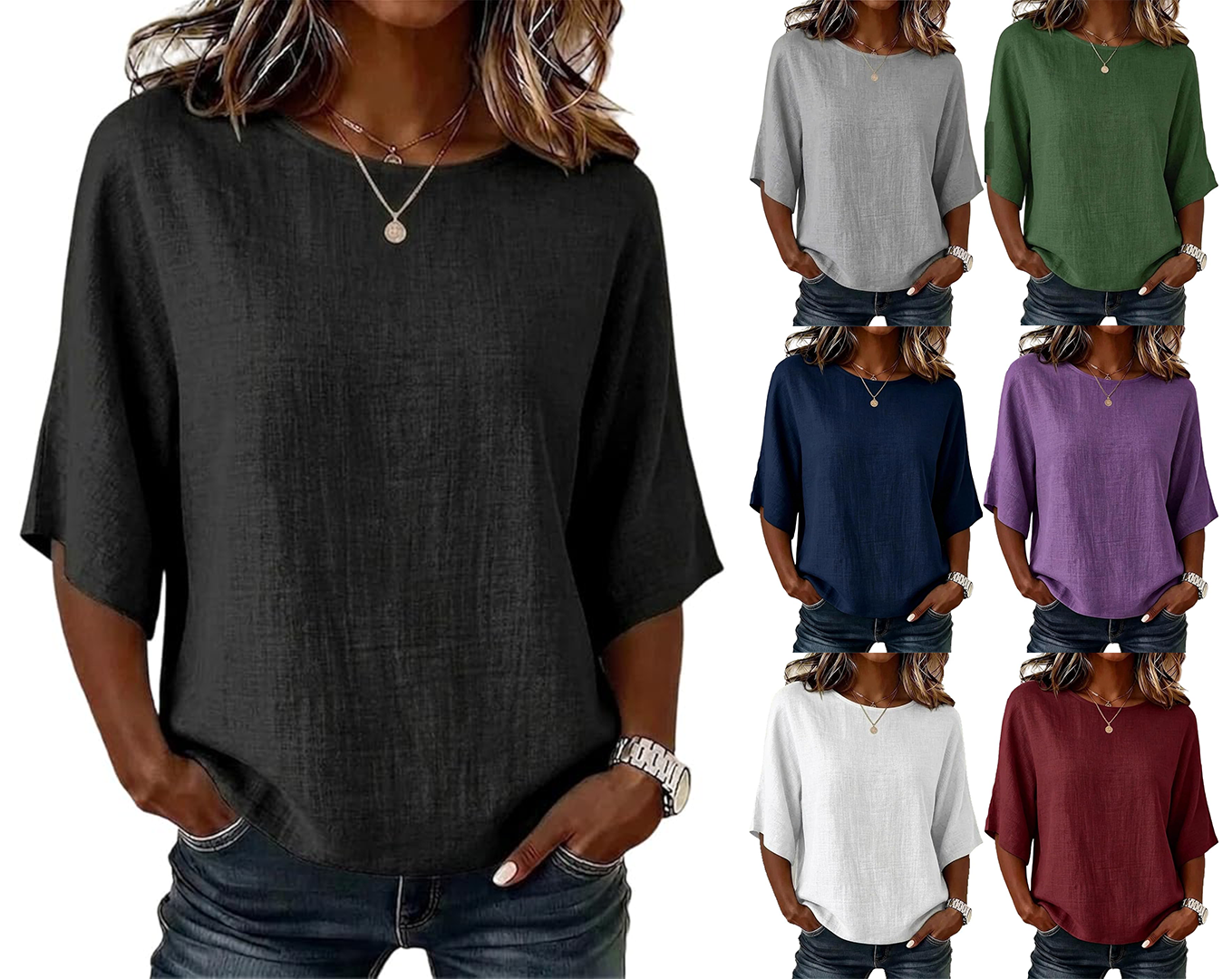 #WomenTops #CasualStyle #SummerOutfits2026 #VacationWardrobe #CrewneckFashion #ThreeQuarterSleeve #LightweightStyle #Eff.png