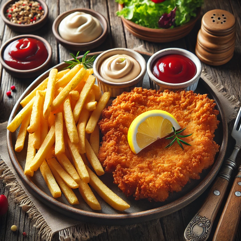 DALL·E 2025-03-19 18.04.55 - A plate of crispy golden-brown schnitzel with a side of freshly fried French fries, garnished with a lemon slice and served with ketchup and mayonnais.webp