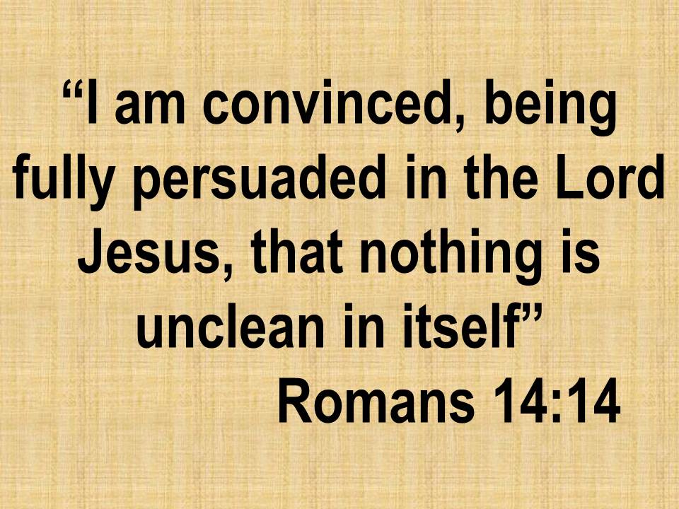 Spiritual belief. I am conviced, being fully persuaded in the Lord Jesus, that nothing is unclean in itself.jpg