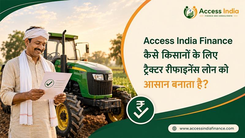 ट्रैक्टर के साथ खड़ा किसान दस्तावेज़ की समीक्षा करते हुए, जो किसानों के लिए आसान ट्रैक्टर रीफाइनेंस लोन और वित्तीय सहायता को दर्शाता है।