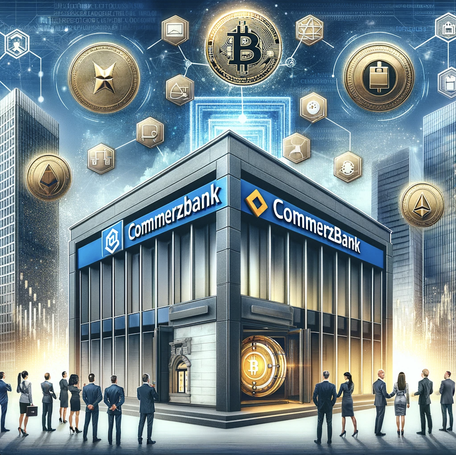 Consulting24.co - An image representing Commerzbank, a major German bank, receiving a crypto custody license. The image should feature a modern bank building..png