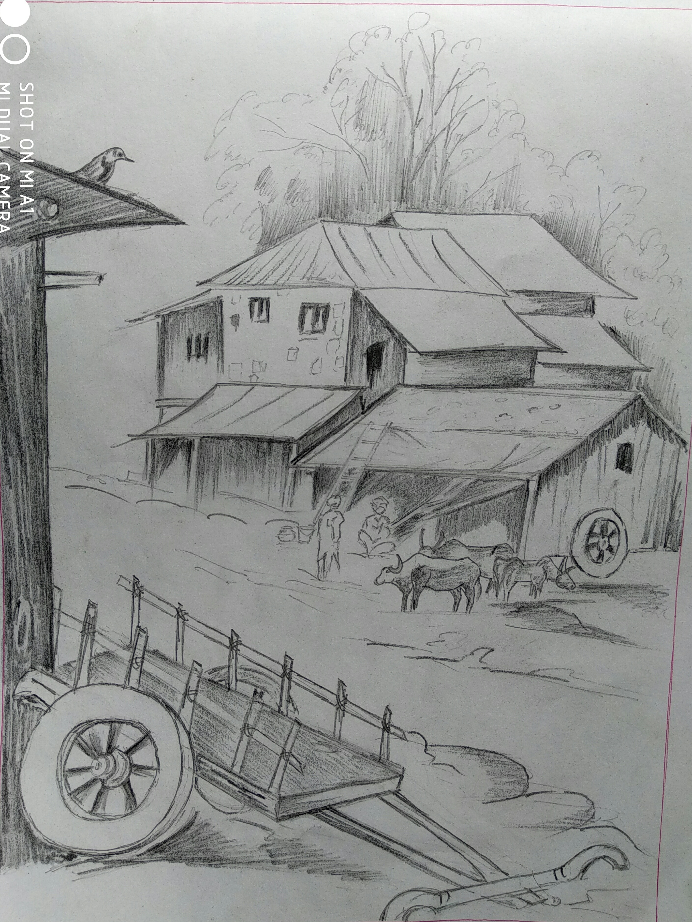 Village atmosphere drawing easy and beautiful. Landscape drawing tutorial- easy. Unique Drawing. - YouTube