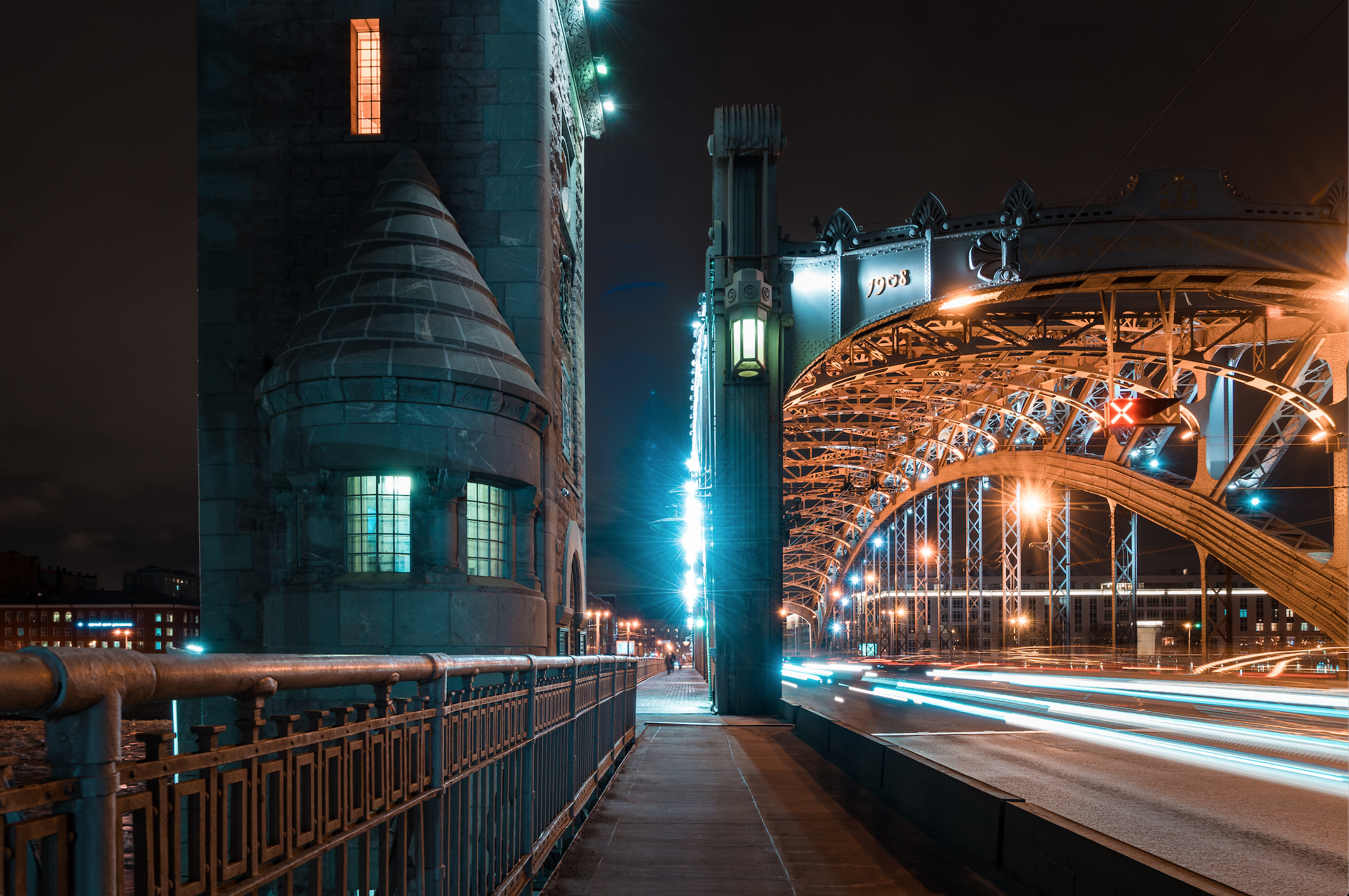 Beautiful Bolsheokhtinsky bridge at night in St. Petersburg.