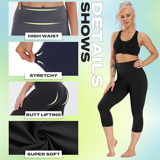 4 Pack Leggings for Women - High Waisted Tummy Control Soft Black Capri Yoga Pants with Pockets for Workout.jpg