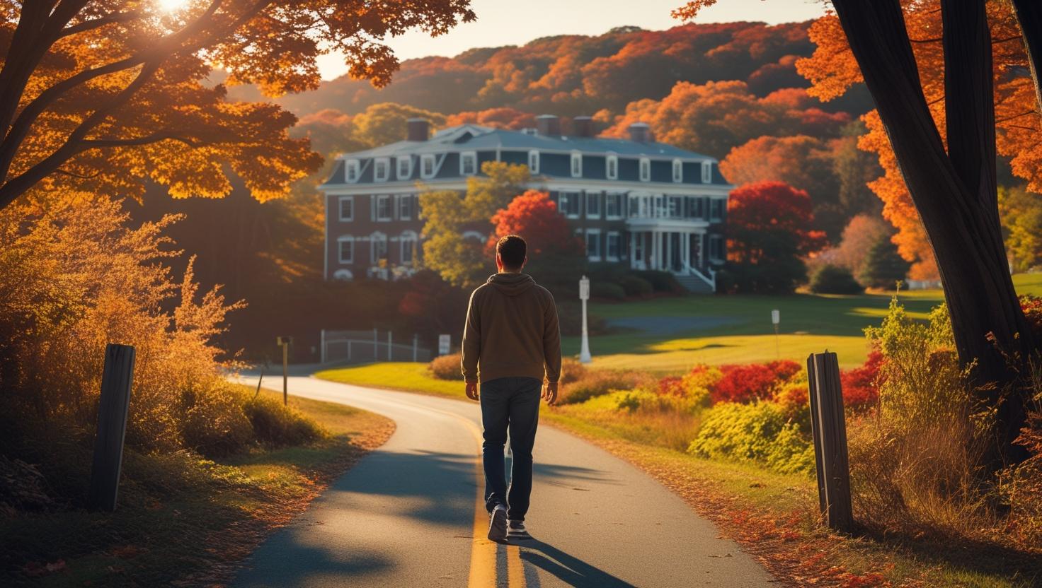 A Massachusetts resident beginning their recovery journey, standing at a literal or symbolic fork in the road, with one path leading toward wellness and sunlight. Include subtle visuals of detox or recovery support.jpg