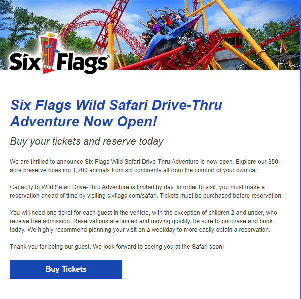 Six Flags(六旗）开放免下车逛动物园项目