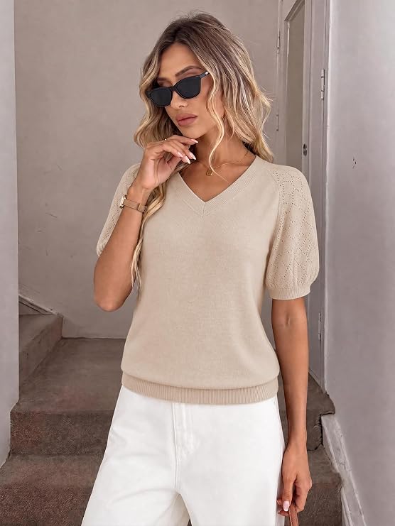 Women's Puff Short Sleeve Sweater Spring Summer Tops V Neck Dressy Casual Tops 2026 Trendy.jpg