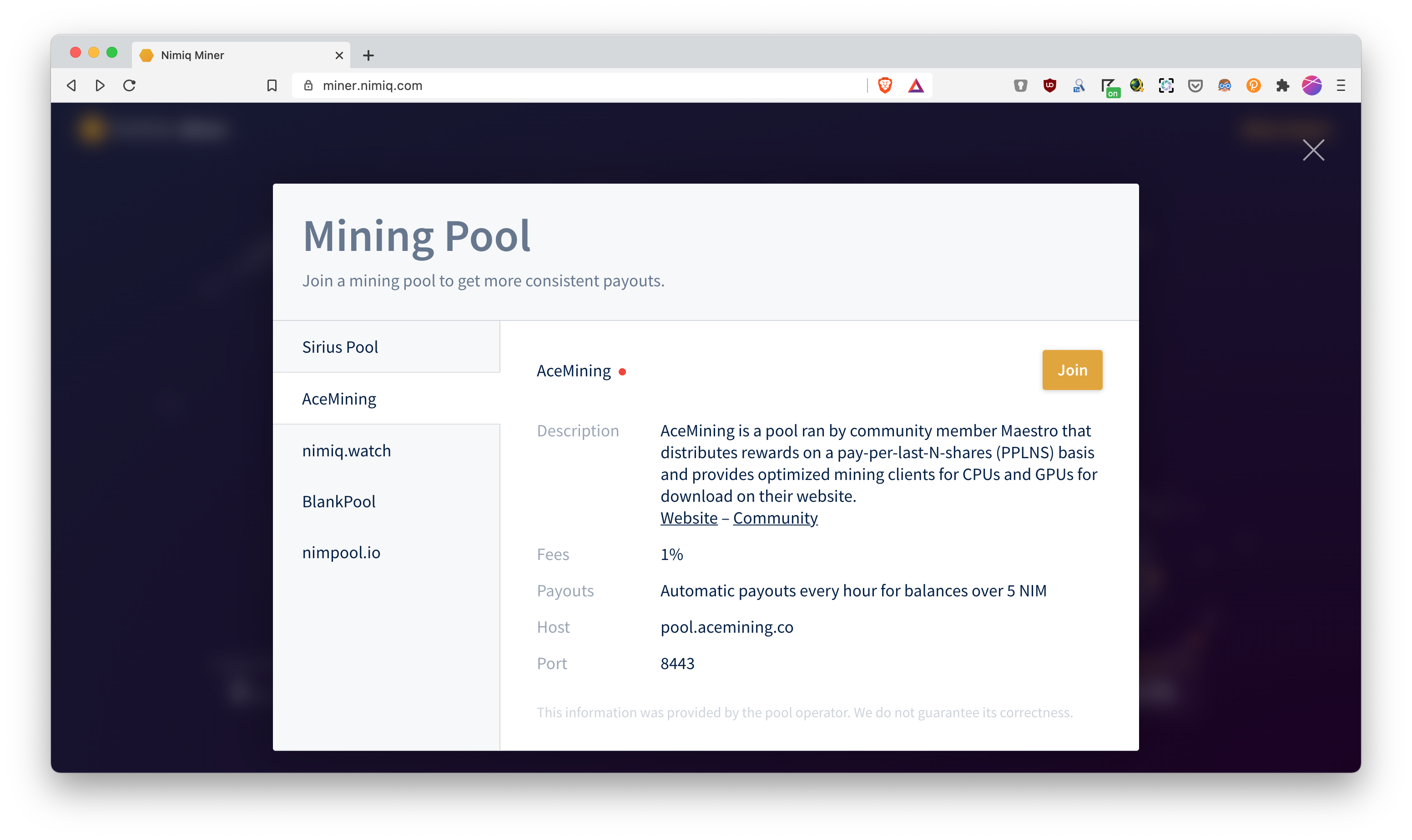 Selección de pool del minador web