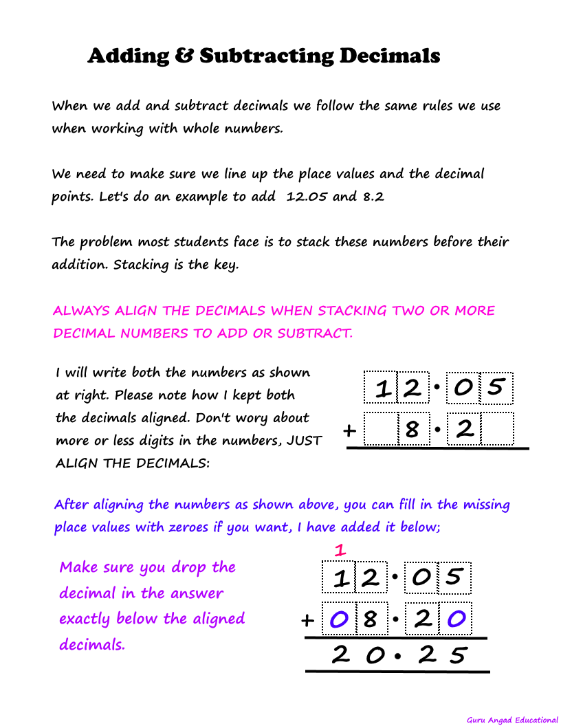 4th grade math decimal addition and subtraction worksheets steemit