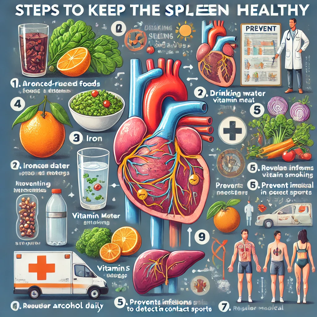 DALL·E 2025-03-17 08.23.59 - A medical infographic illustrating steps to keep the spleen healthy and prevent diseases. The image includes__1. A balanced diet with iron-rich foods .webp